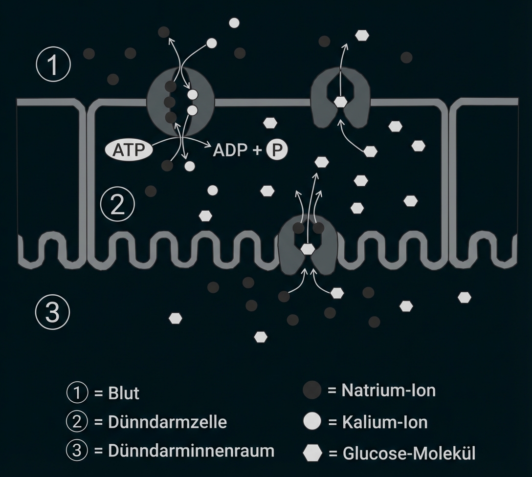 Dünndarmzelle schematisch mit Na+/K+-Pumpe, Glucosetransportern sowie Blut- und Darminnenraum